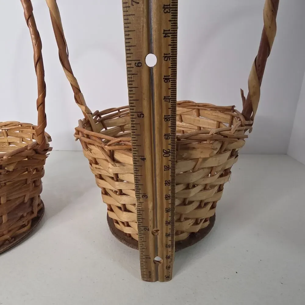 Pair of Vintage Rustic Wicker Baskets High Fixed Handles Country Decor